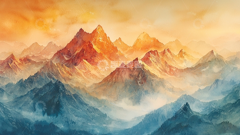 高清大图下载【趣麦麦图】秋日山峦水彩画