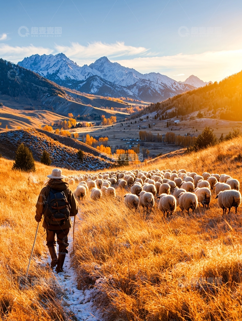 高清大图下载【趣麦麦图】秋日山间牧羊人与羊群