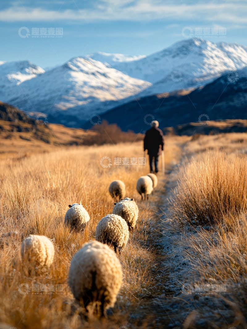 高清大图下载【趣麦麦图】牧羊人与羊群在雪山下的小径上