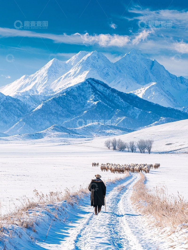 高清大图下载【趣麦麦图】雪地牧羊人与群羊