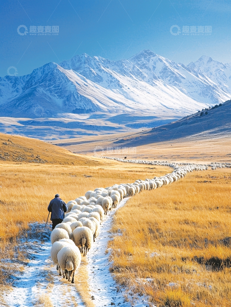 高清大图下载【趣麦麦图】雪山下的羊群与牧人