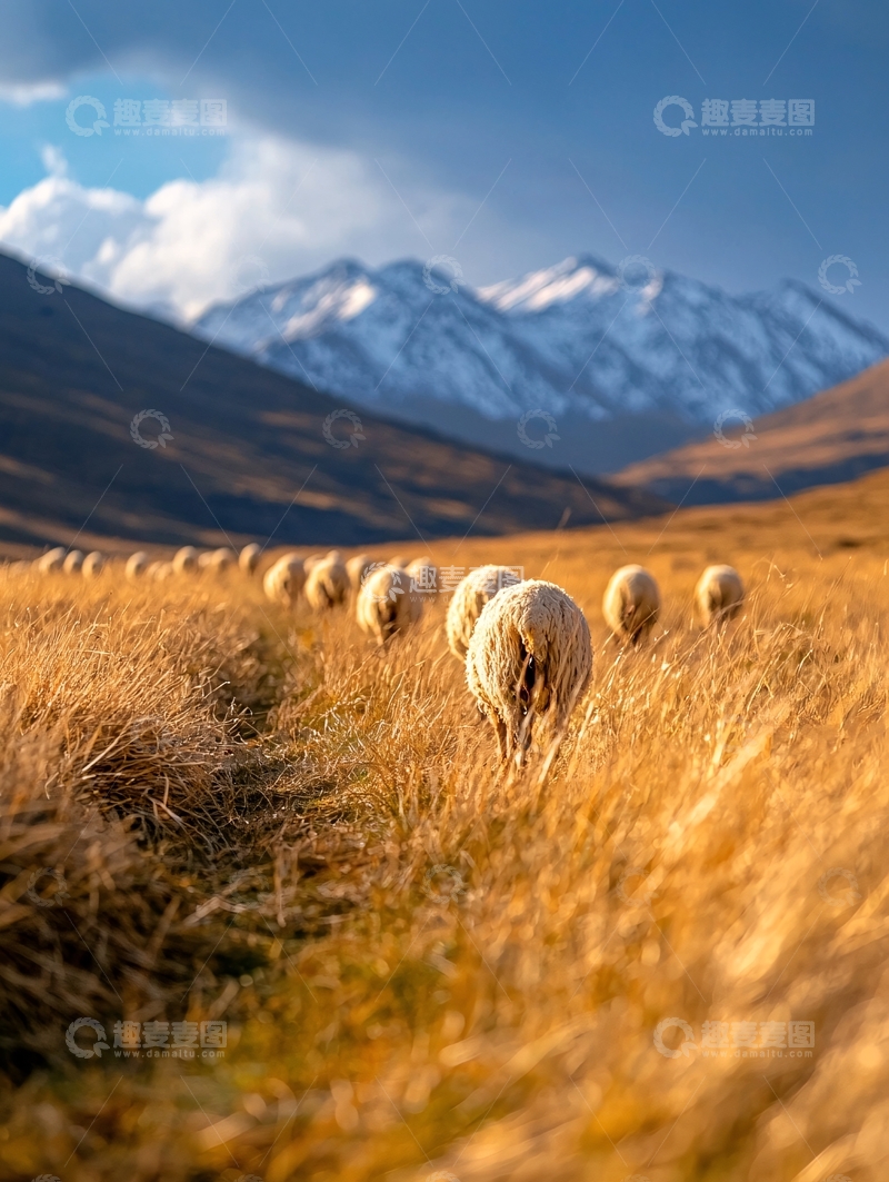 高清大图下载【趣麦麦图】羊群在雪山下的草原上