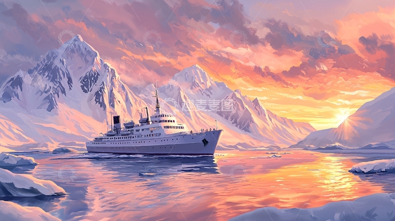 高清大图下载【趣麦麦图】夕阳下的北极探险游轮