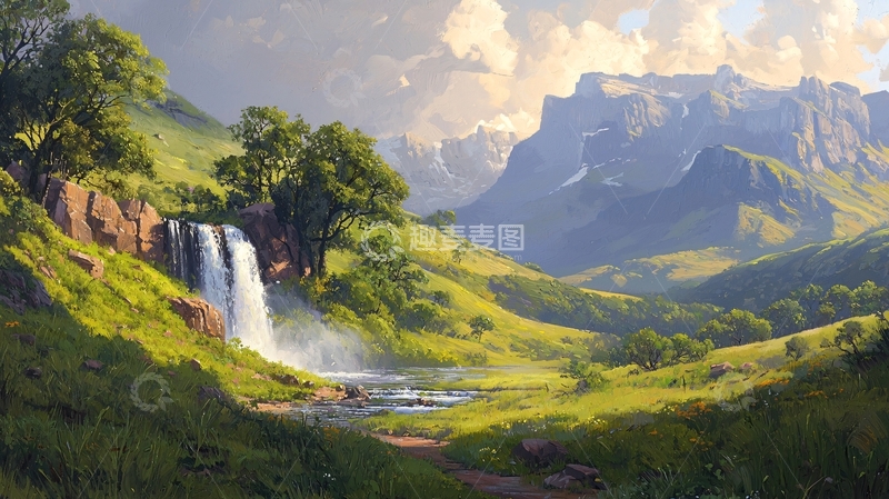 高清大图下载【趣麦麦图】山间瀑布与绿野风光