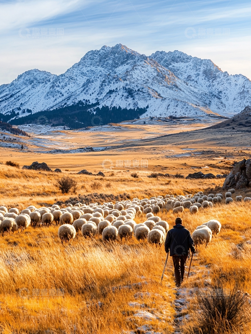 高清大图下载【趣麦麦图】牧羊人与羊群在雪山下的草原