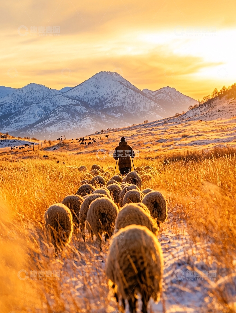 高清大图下载【趣麦麦图】夕阳下的羊群与牧人