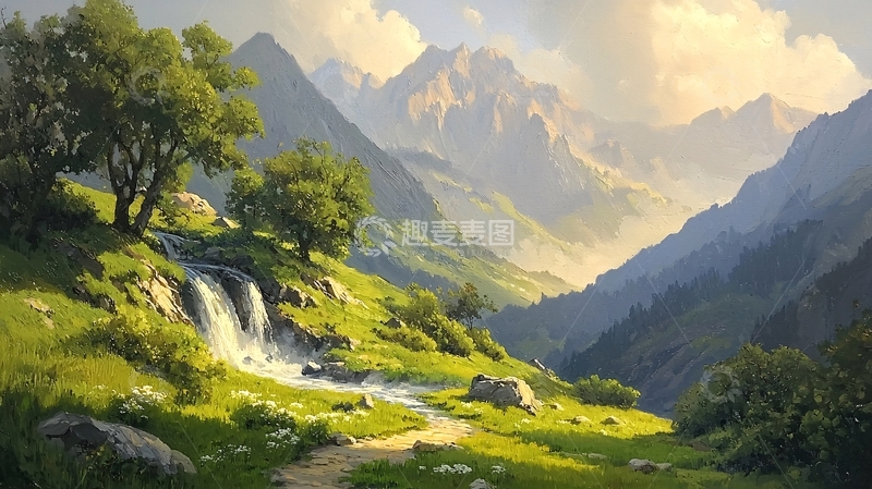 高清大图下载【趣麦麦图】山间瀑布风景画