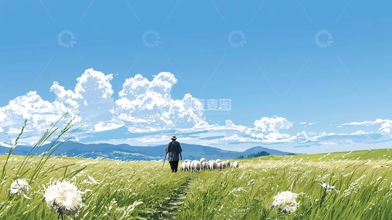 高清大图下载【趣麦麦图】牧羊人与羊群的田野风景