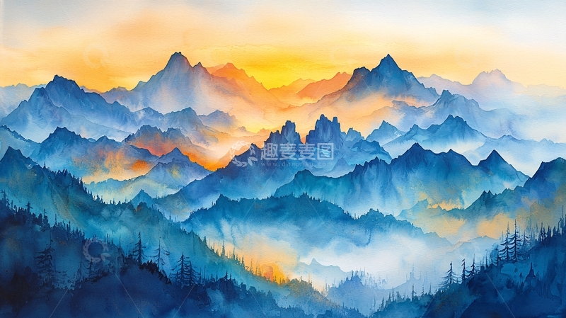 高清大图下载【趣麦麦图】晨雾山峦水彩画