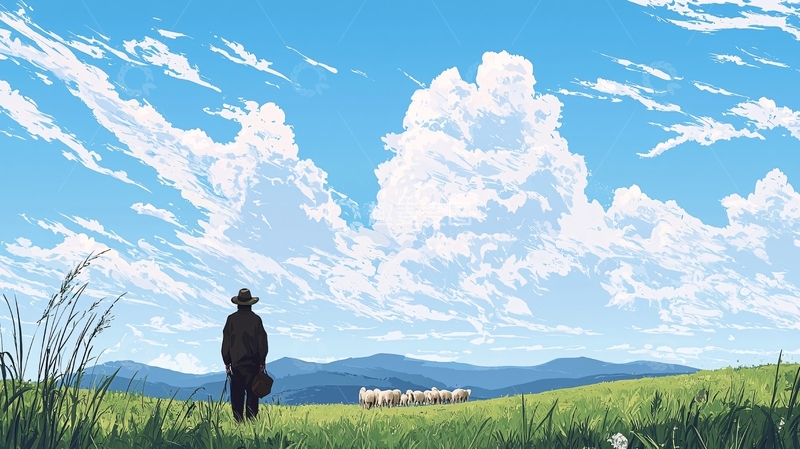 高清大图下载【趣麦麦图】牧羊人与羊群的宁静草原