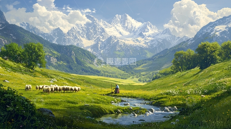 高清大图下载【趣麦麦图】雪山下的田园风光