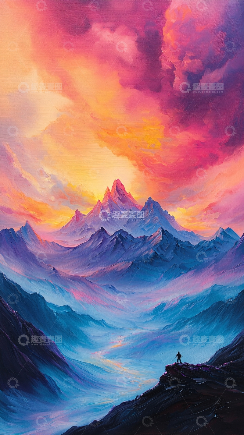 高清大图下载【趣麦麦图】梦幻山峰日落徒步者