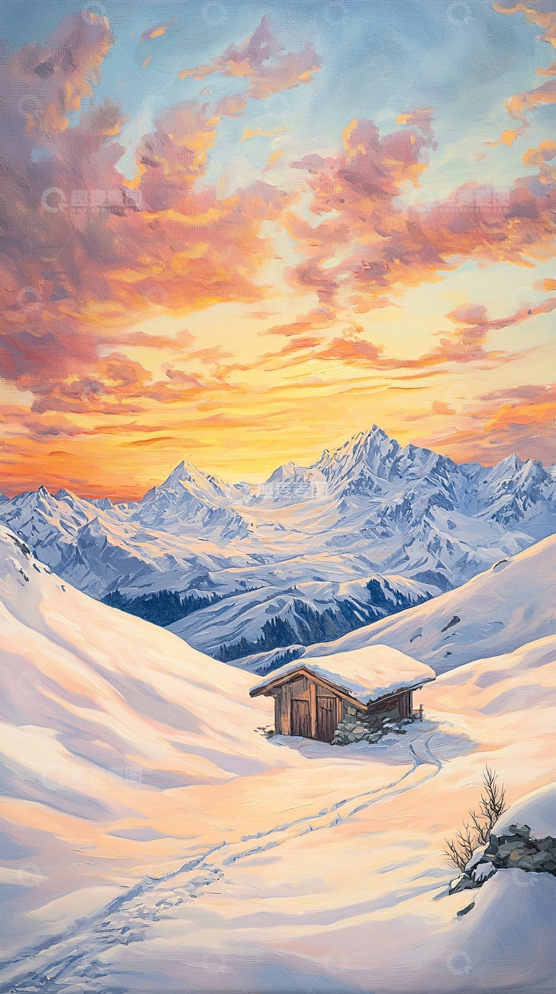 高清大图下载【趣麦麦图】冬日雪山小屋风景