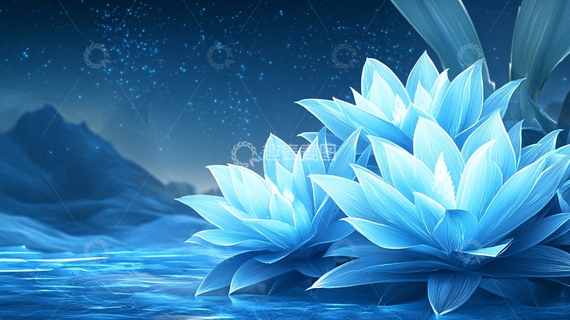 高清大图下载【趣麦麦图】蓝色梦幻莲花夜景