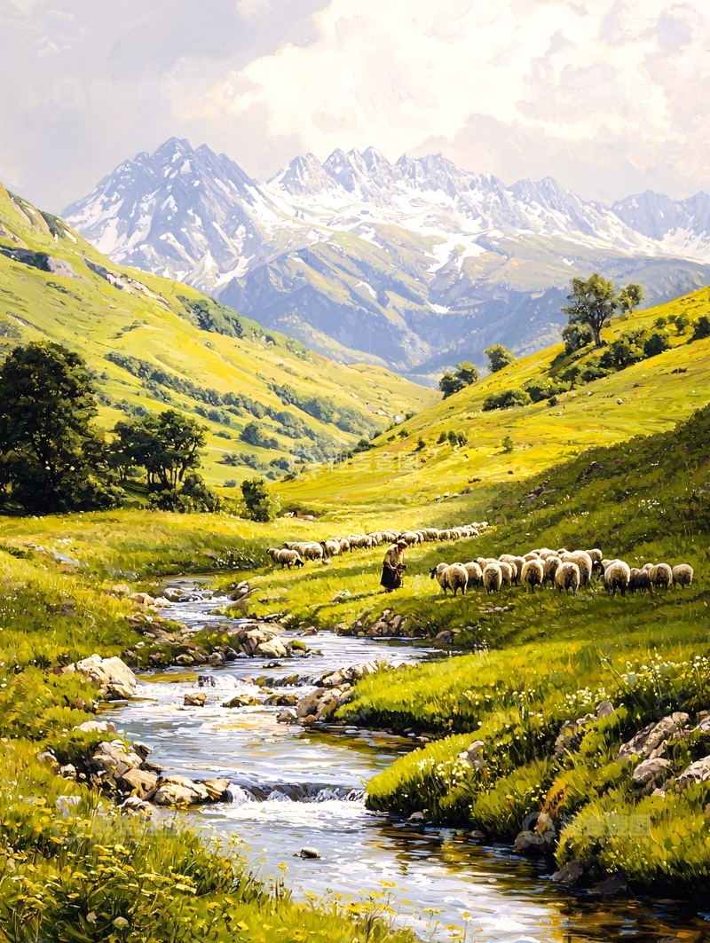 高清大图下载【趣麦麦图】阿尔卑斯山下的羊群与溪流