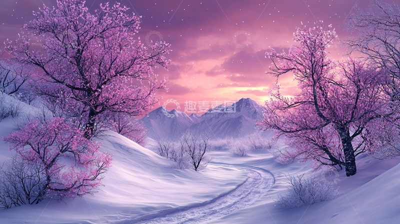 高清大图下载【趣麦麦图】雪景樱花树山峦