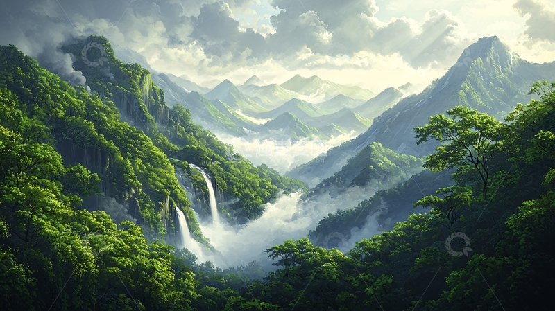 高清大图下载【趣麦麦图】青山绿水瀑布云雾山川