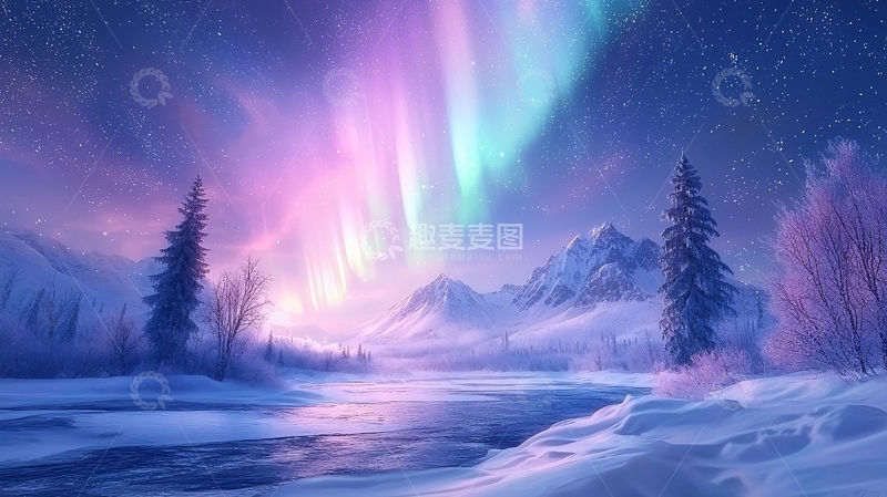 高清大图下载【趣麦麦图】极光下的雪景