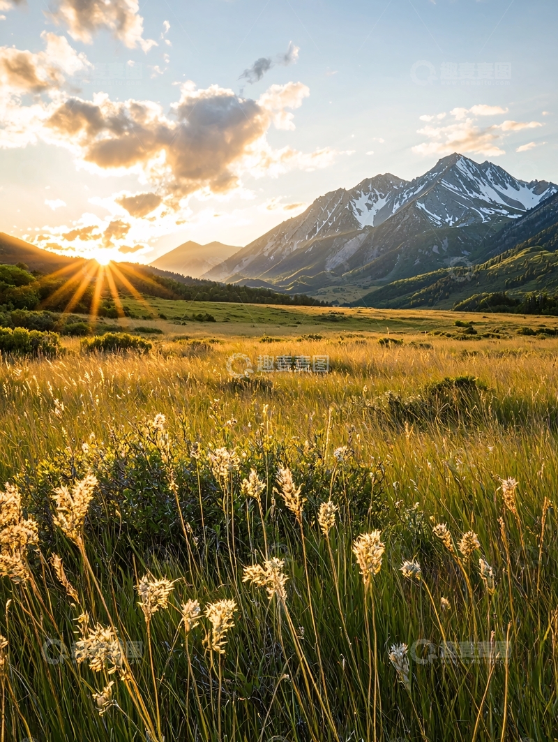 高清大图下载【趣麦麦图】金色阳光下的山脉草原