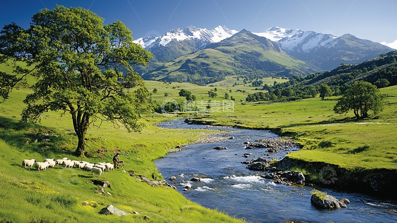 高清大图下载【趣麦麦图】山间溪流与羊群的宁静画卷