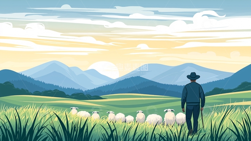 高清大图下载【趣麦麦图】牧羊人与羊群的宁静田园风光