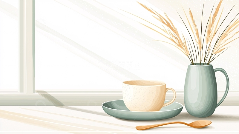 高清大图下载【趣麦麦图】窗边咖啡杯与花瓶插花