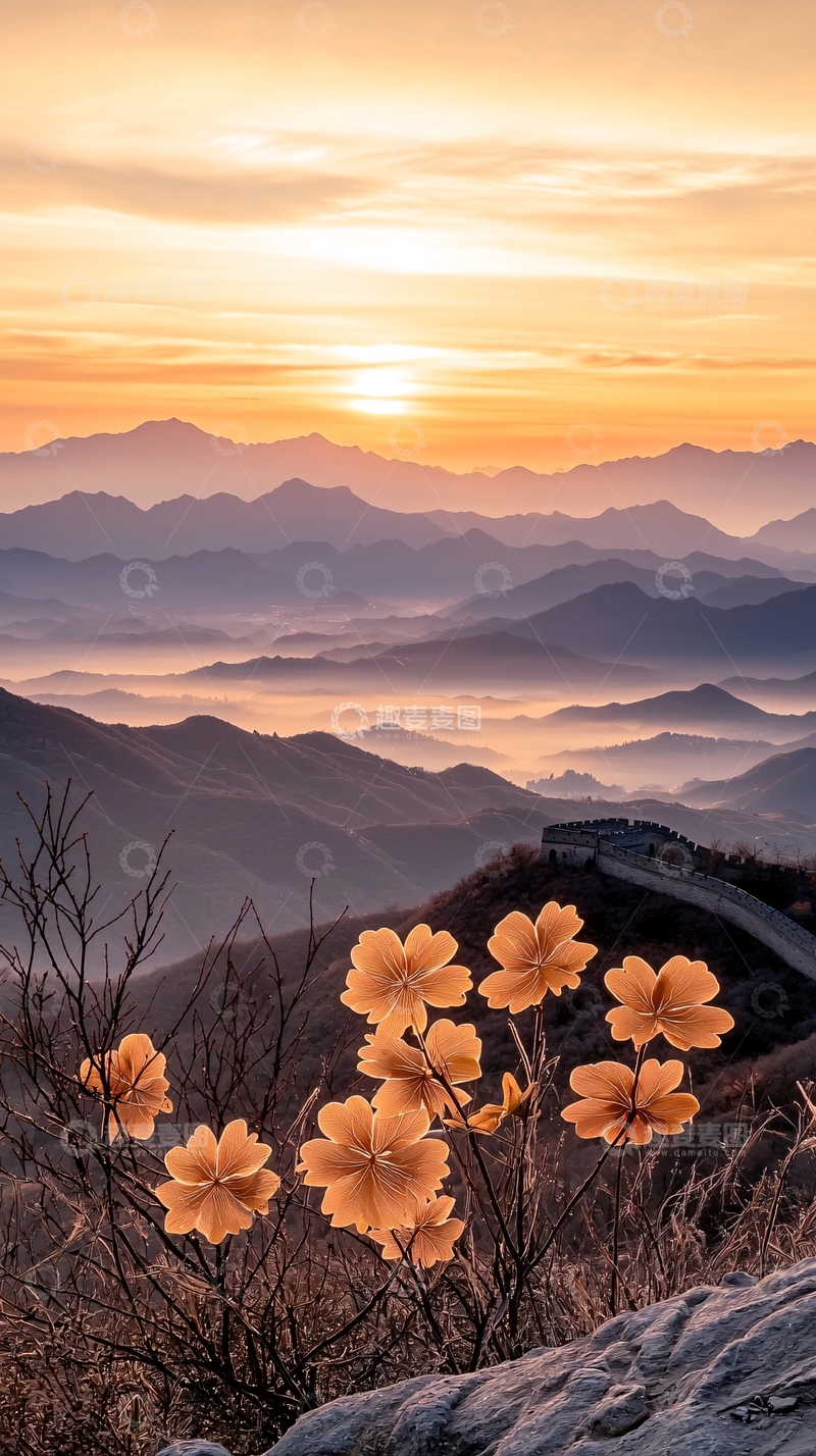 高清大图下载【趣麦麦图】夕阳下的长城与山花