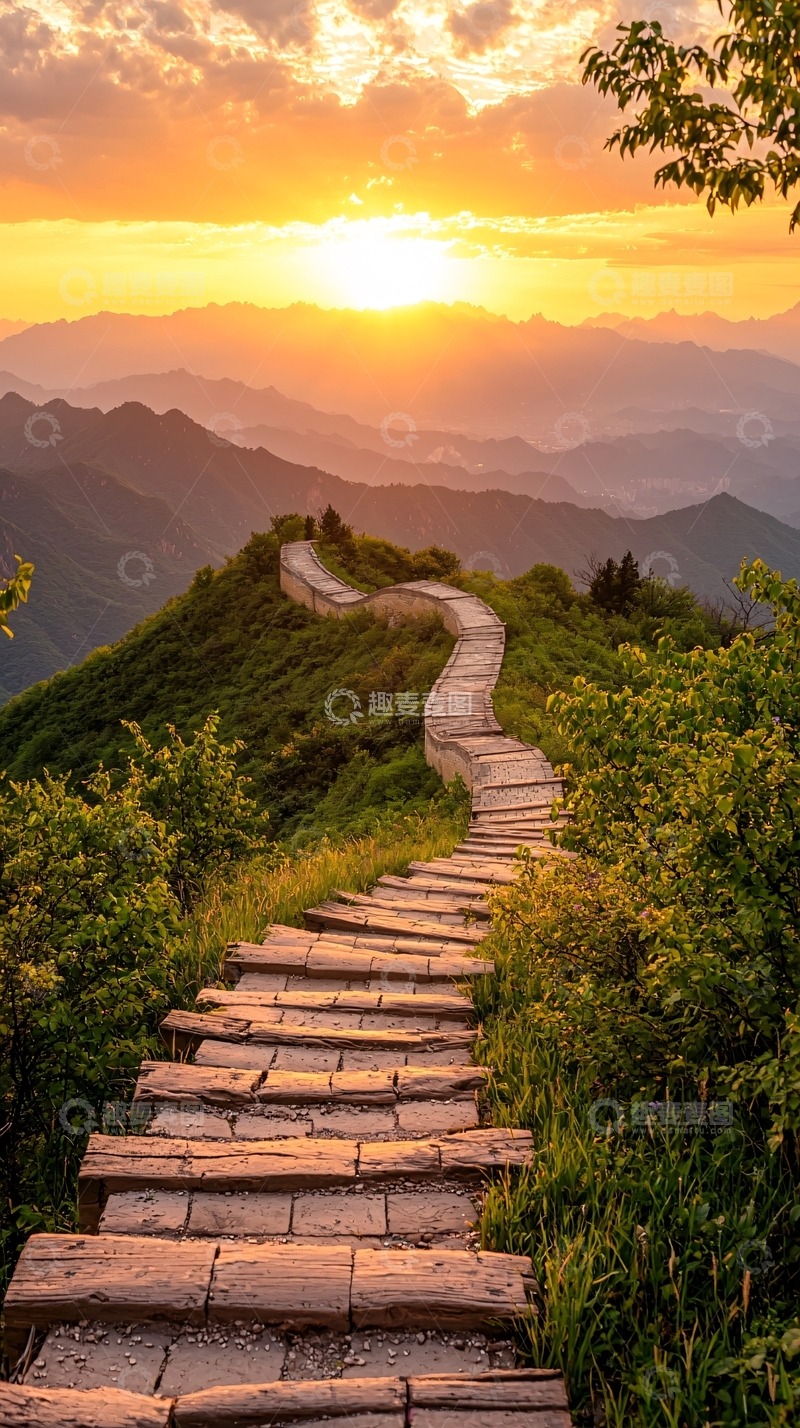 高清大图下载【趣麦麦图】夕阳下的长城步道