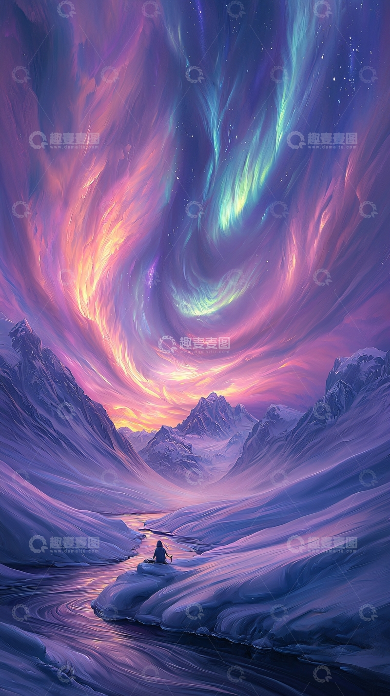 高清大图下载【趣麦麦图】极光下的雪山徒步