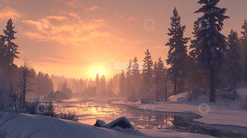 高清大图下载【趣麦麦图】冬日雪景河流日落