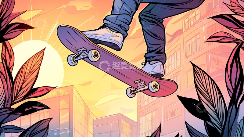 高清大图下载【趣麦麦图】滑板跳跃城市背景插画