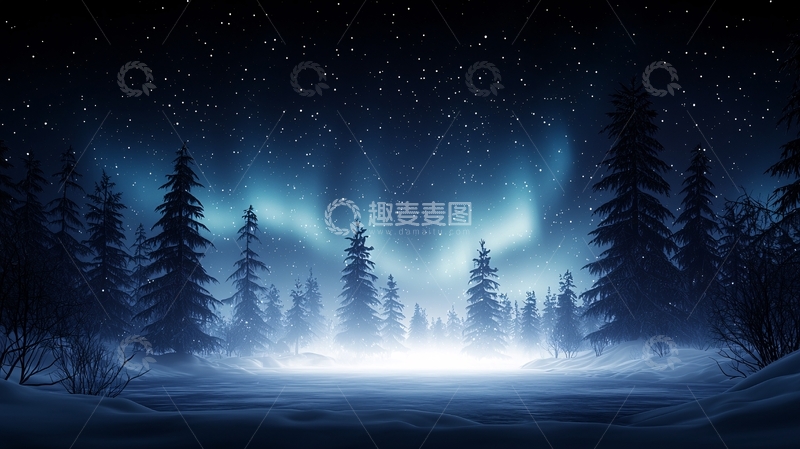 高清大图下载【趣麦麦图】冬夜森林极光风景