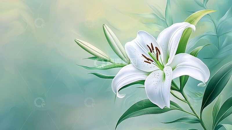 高清大图下载【趣麦麦图】白色百合花艺术插画背景