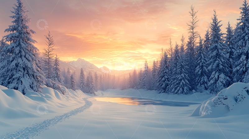 高清大图下载【趣麦麦图】冬日雪景夕阳下的森林