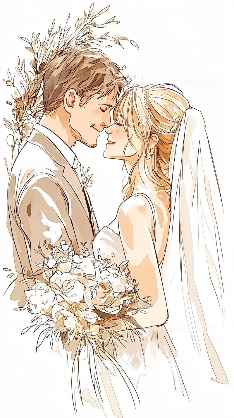 高清大图下载【趣麦麦图】新人婚礼亲吻插画