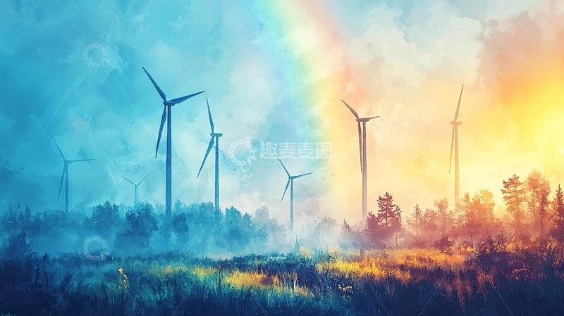 高清大图下载【趣麦麦图】风力发电站与彩虹天空