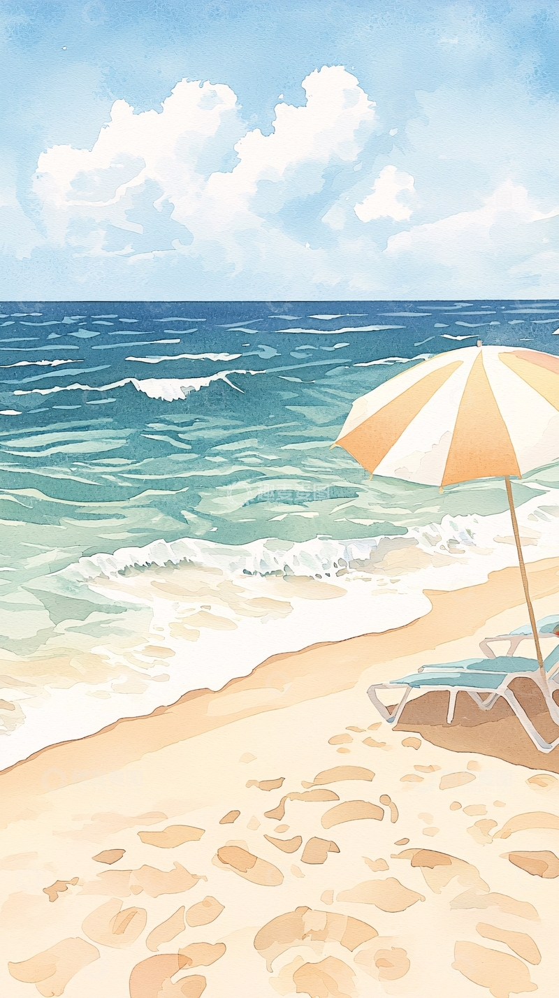 高清大图下载【趣麦麦图】海滩遮阳伞沙滩椅风景图