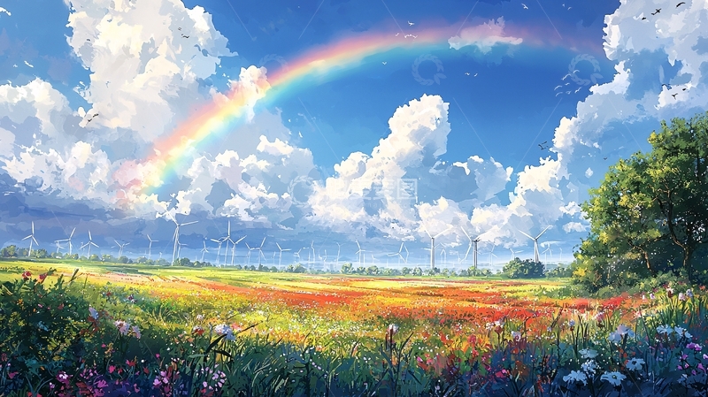 高清大图下载【趣麦麦图】彩虹田野风车景观