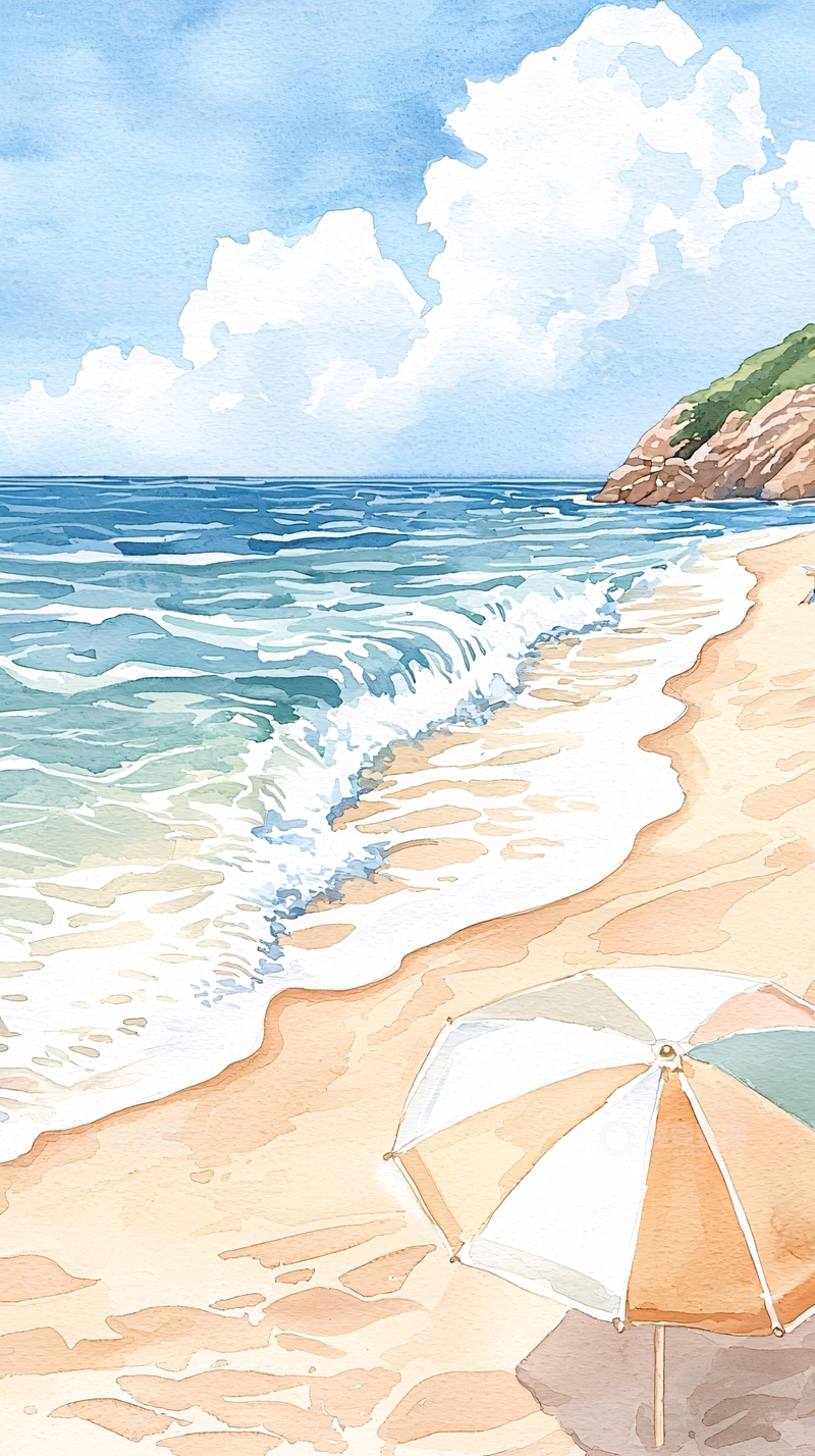 高清大图下载【趣麦麦图】海滩上的伞和海浪