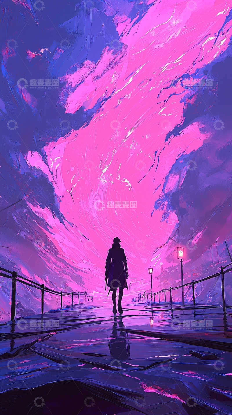高清大图下载【趣麦麦图】紫色天空下的孤独行者