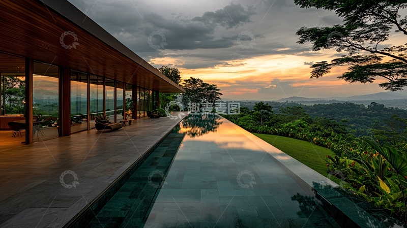 高清大图下载【趣麦麦图】豪华泳池别墅日落景观
