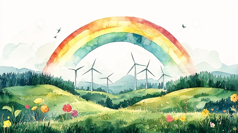 高清大图下载【趣麦麦图】彩虹下的风力发电站
