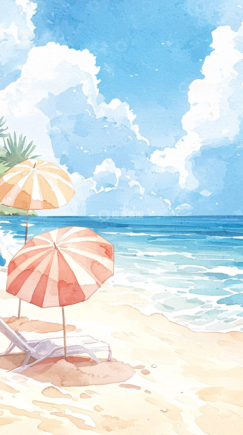 高清大图下载【趣麦麦图】夏日海滩遮阳伞风景图