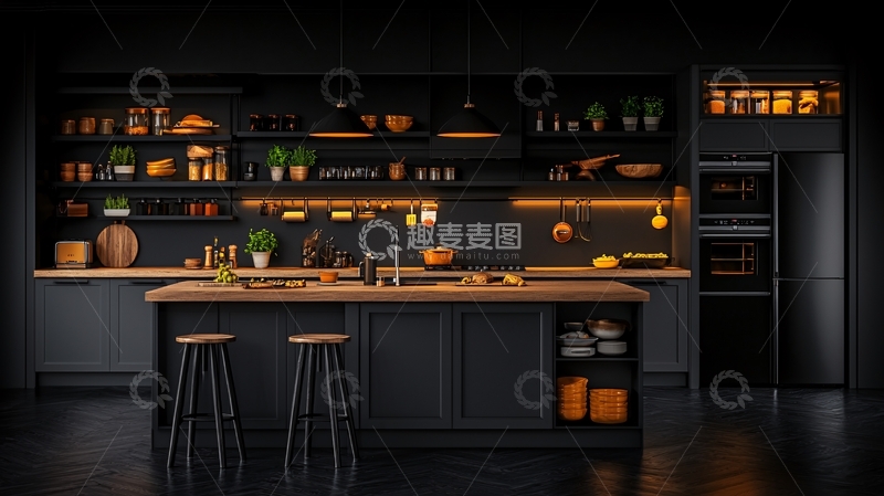 高清大图下载【趣麦麦图】现代简约黑色厨房设计