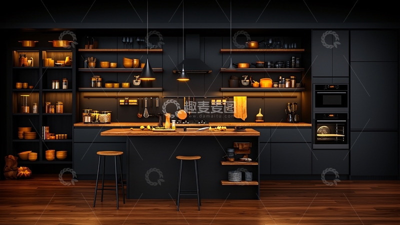 高清大图下载【趣麦麦图】现代简约黑色厨房设计