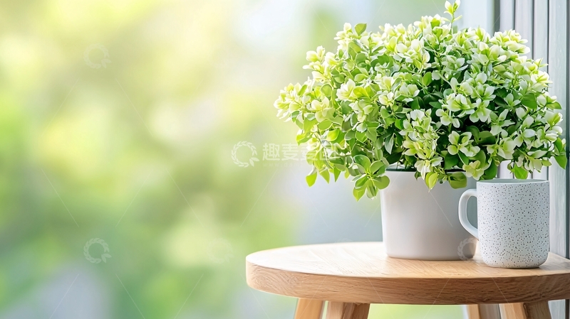 高清大图下载【趣麦麦图】窗边绿植与咖啡杯