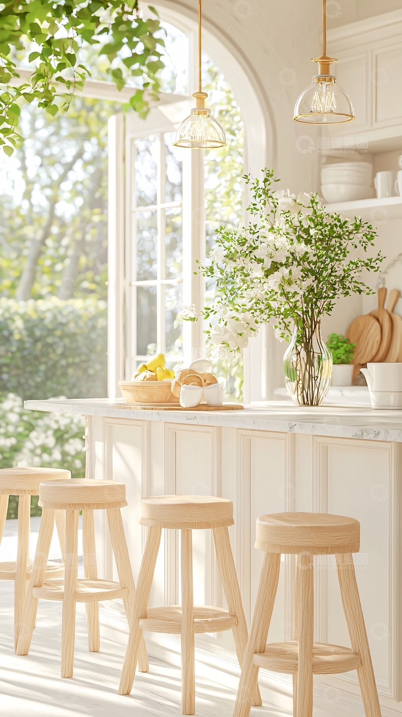 高清大图下载【趣麦麦图】清新自然厨房吧台与花瓶装饰