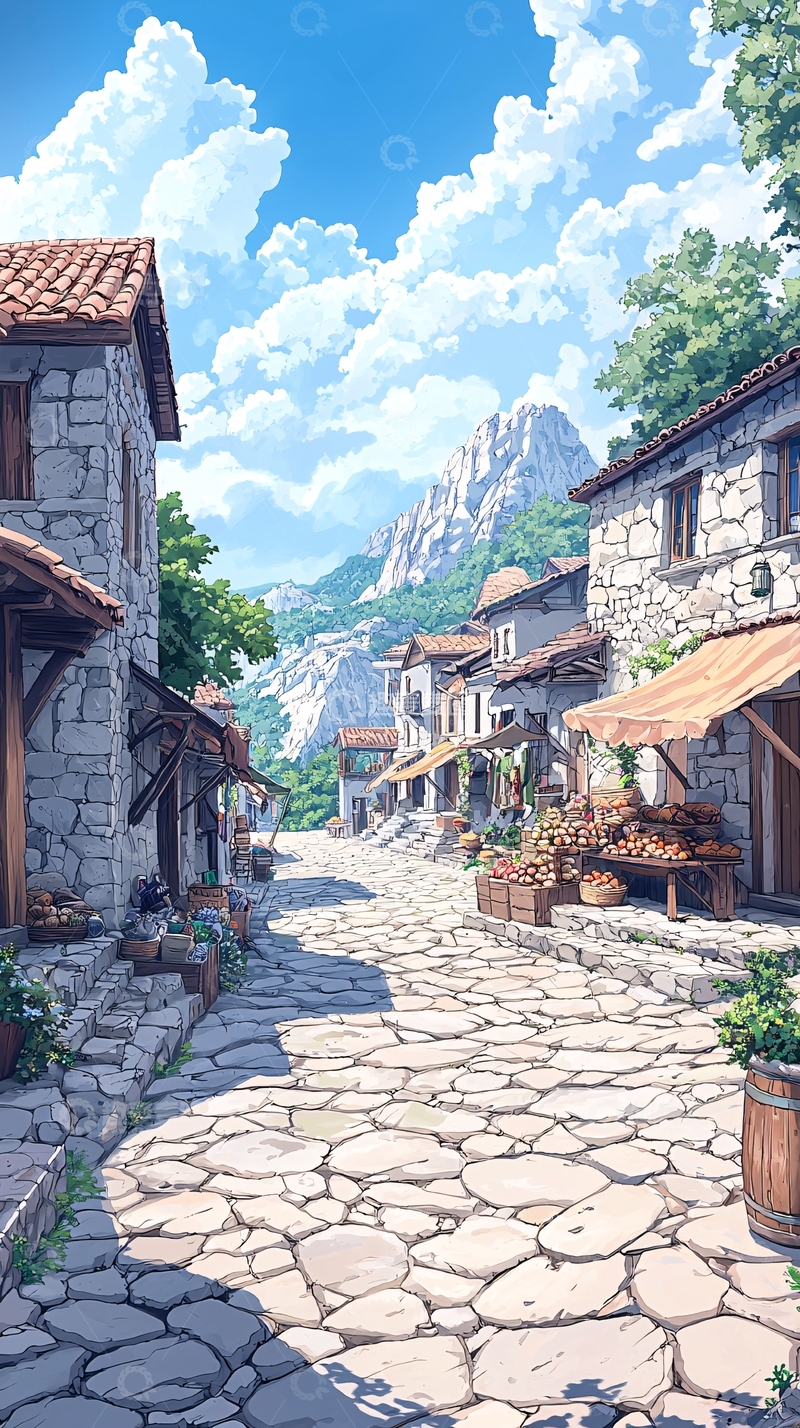 高清大图下载【趣麦麦图】石板路上的小镇集市