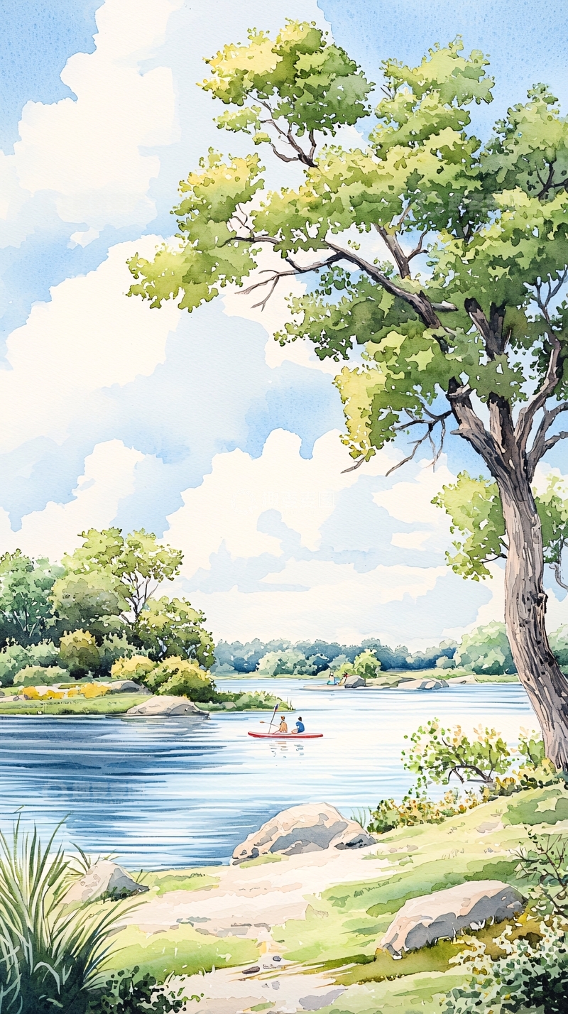 高清大图下载【趣麦麦图】夏日河边垂钓风景画