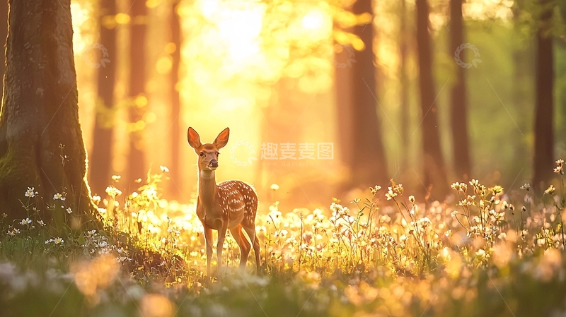 高清大图下载【趣麦麦图】阳光穿过树林的鹿